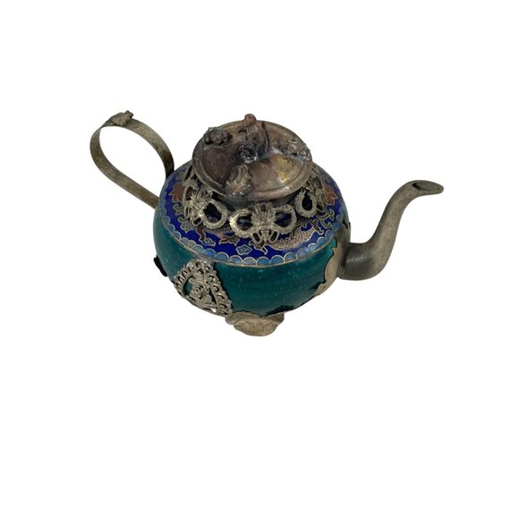 Antique Cloisonné Teapot With Silver-Plated Details & Intricate Design - Picture 1 of 9